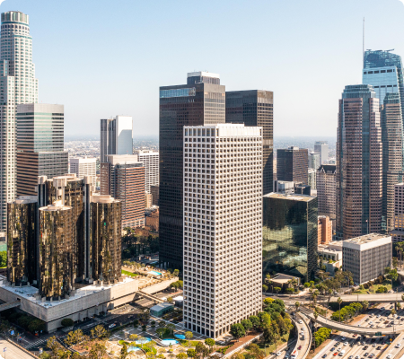 Aerial view of downtown Los Angeles with modern skyscrapers and city skyline on a clear day