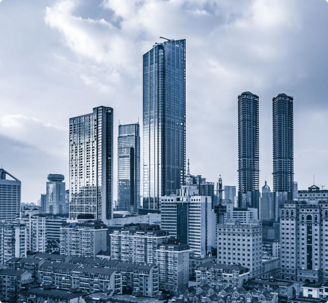 Modern city skyline with high-rise commercial and residential buildings