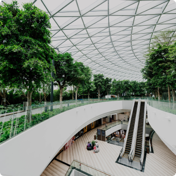 indoor shopping mall with lush greenery and escalator under glass roof
