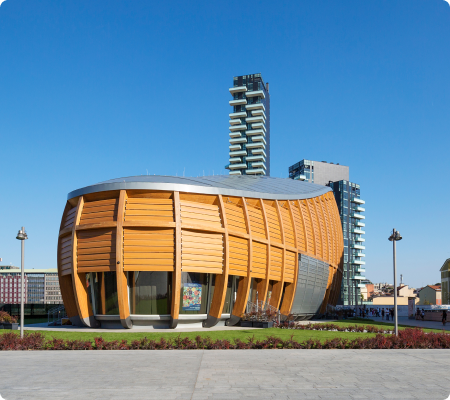 Contemporary wooden architecture building with unique curved design in Milan cityscape